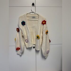 Vine Tree Floral Knit Cardigan Sweater - Cream with Multicolor Daisy Accents